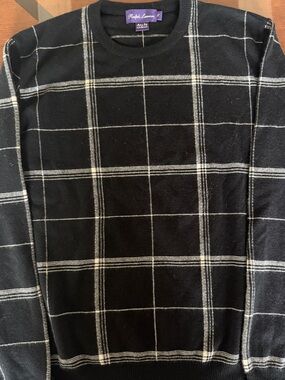 100% Cashmere Purple Label Ralph Lauren Black Crewneck Sweater w/White Window